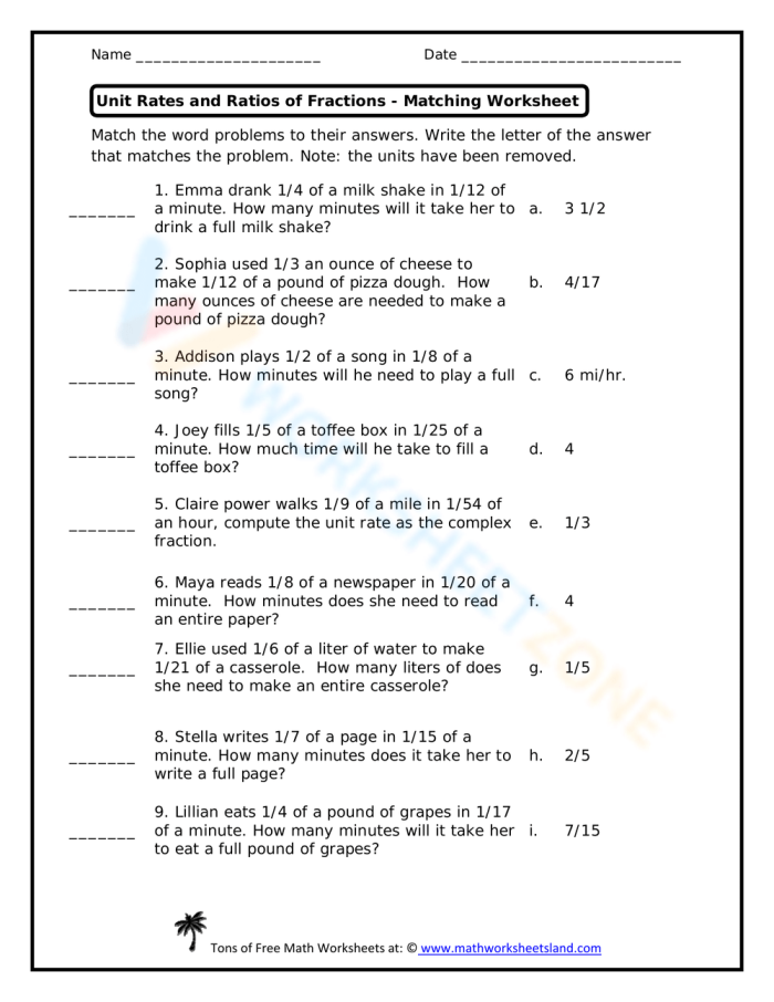 Seventh grade math worksheet focused on calculating unit rates involving fractions with a geography theme
