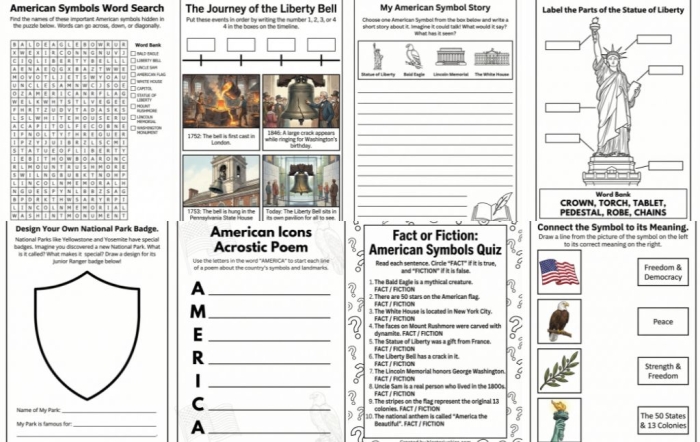 United States symbols worksheet for first graders to enhance phonics skills