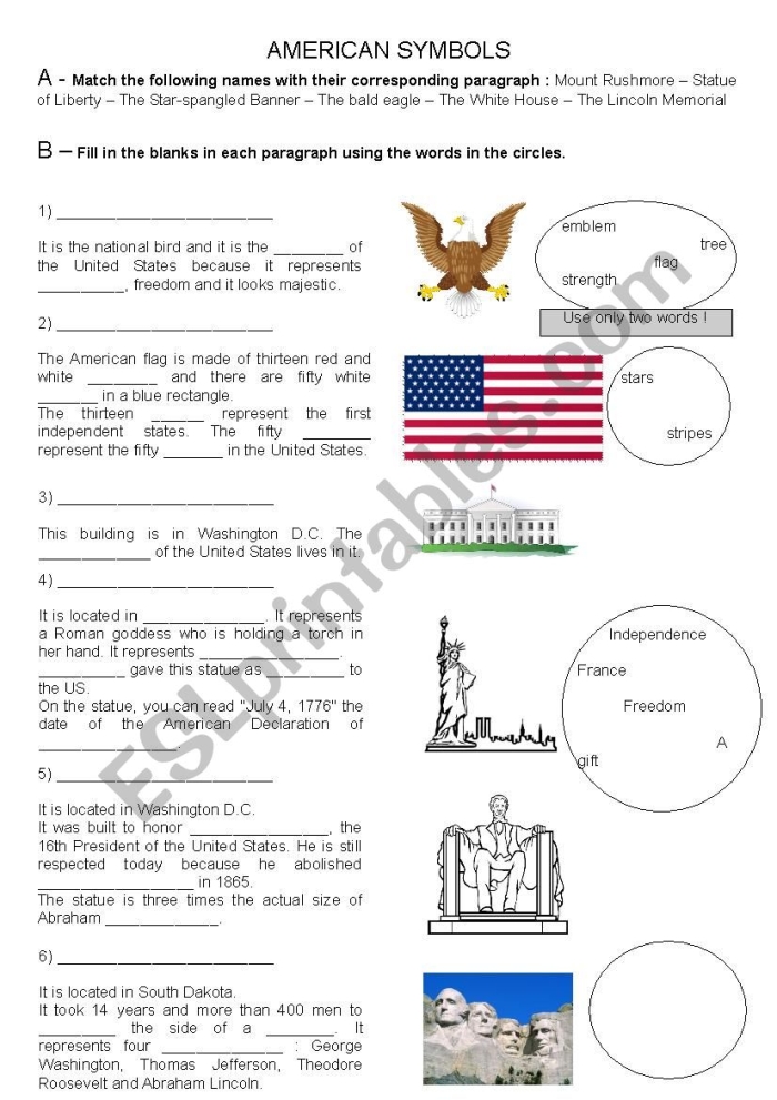 United States symbols worksheet designed for first graders to enhance phonics learning