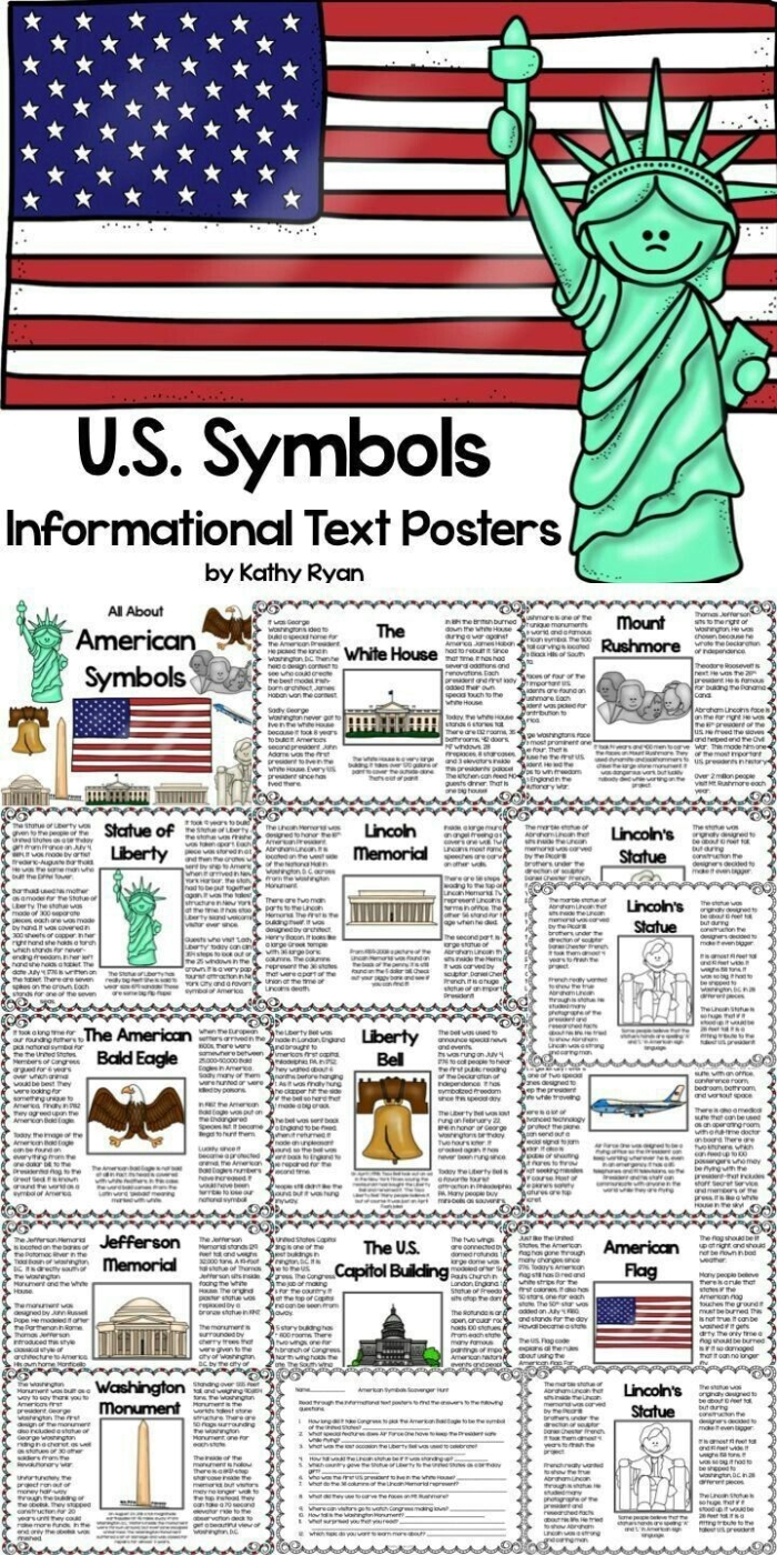 Worksheet featuring United States symbols designed for first graders