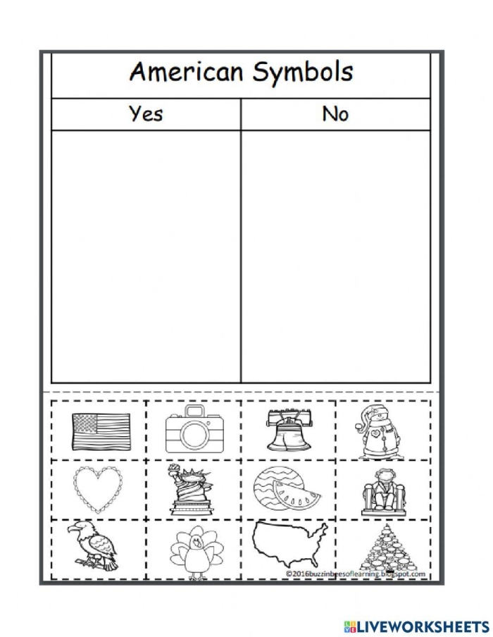 United States symbols worksheet for first graders exploring national icons