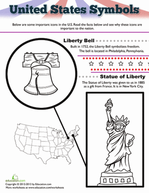 Worksheet featuring United States symbols designed for first graders to learn about national identity