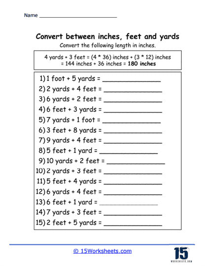 Worksheet for converting inches, feet, and yards in measurement practice for fourth graders