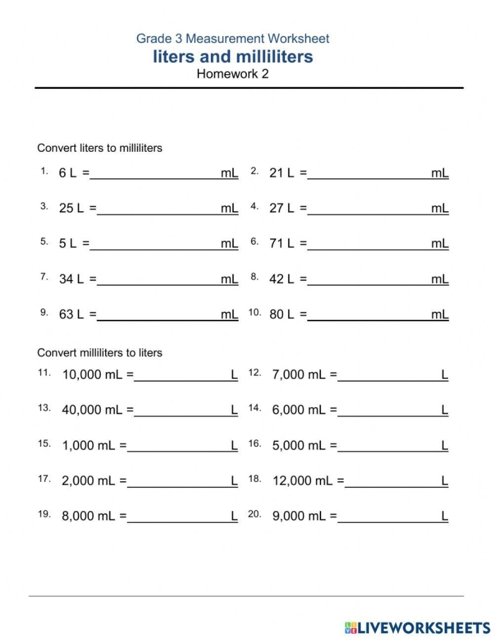 Worksheet for practicing units of measurement for third graders