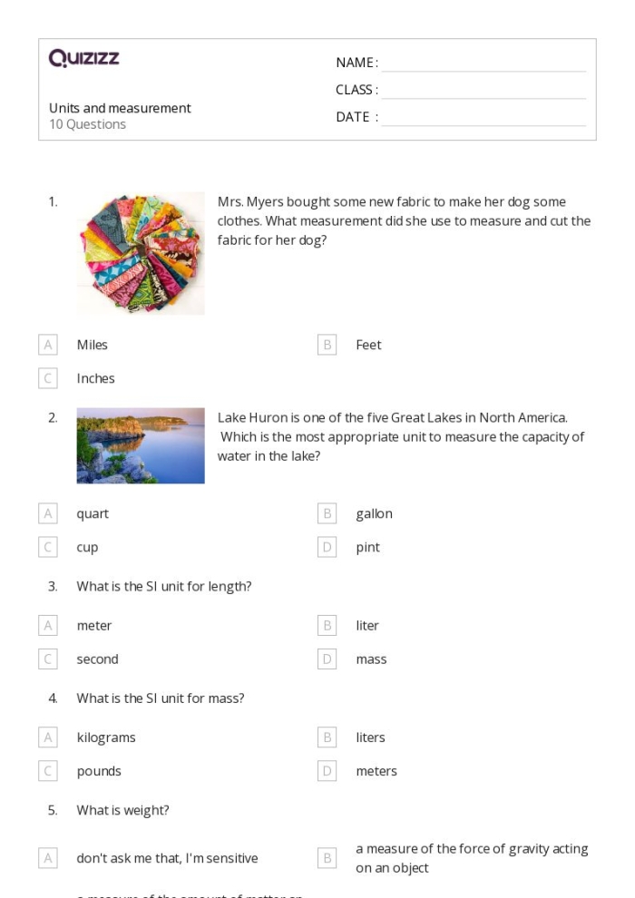 Worksheet featuring a Units of Measurement Practice Test for third graders