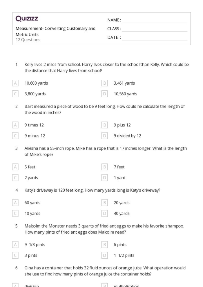 Worksheet for practicing units of measurement for third graders