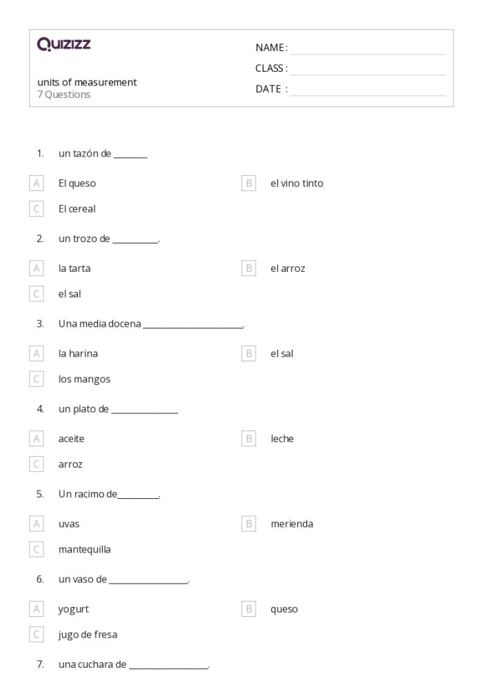 Worksheet featuring units of measurement practice questions for third graders