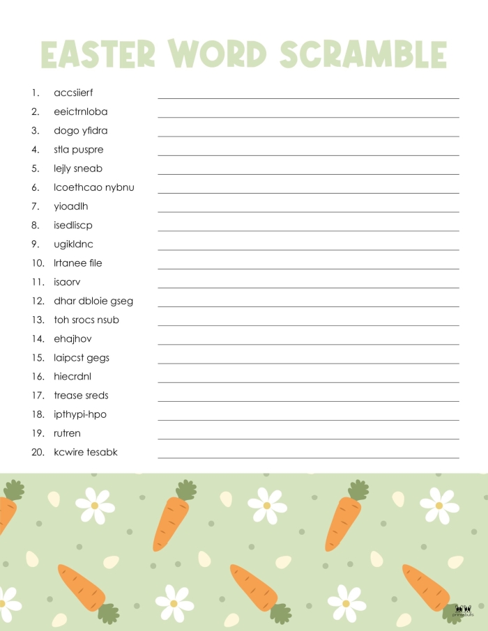 Unscramble Easter Words Worksheet 21 with Bright Illustrations for Early Readers Colorful Easter-themed word scramble activity showing scrambled letters and Easter pictures for kindergarten students to unscramble