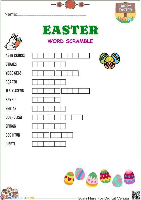 Easter word scramble reading worksheet for kindergarten students number 6 Kindergarten student completing an Unscramble Easter Words worksheet with colorful seasonal imagery