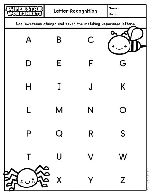 Kindergarten student completing an uppercase letter recognition assessment worksheet