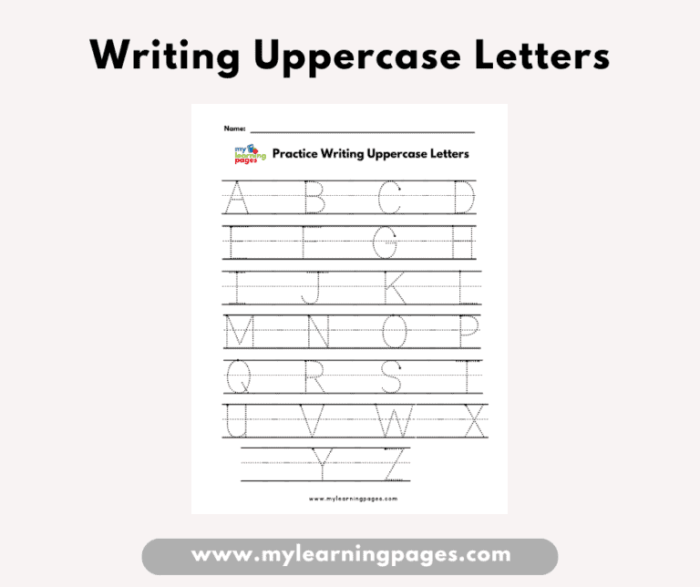 Students practice tracing and writing uppercase letters A through Z on a lined worksheet for pre-kindergarten alphabet skills