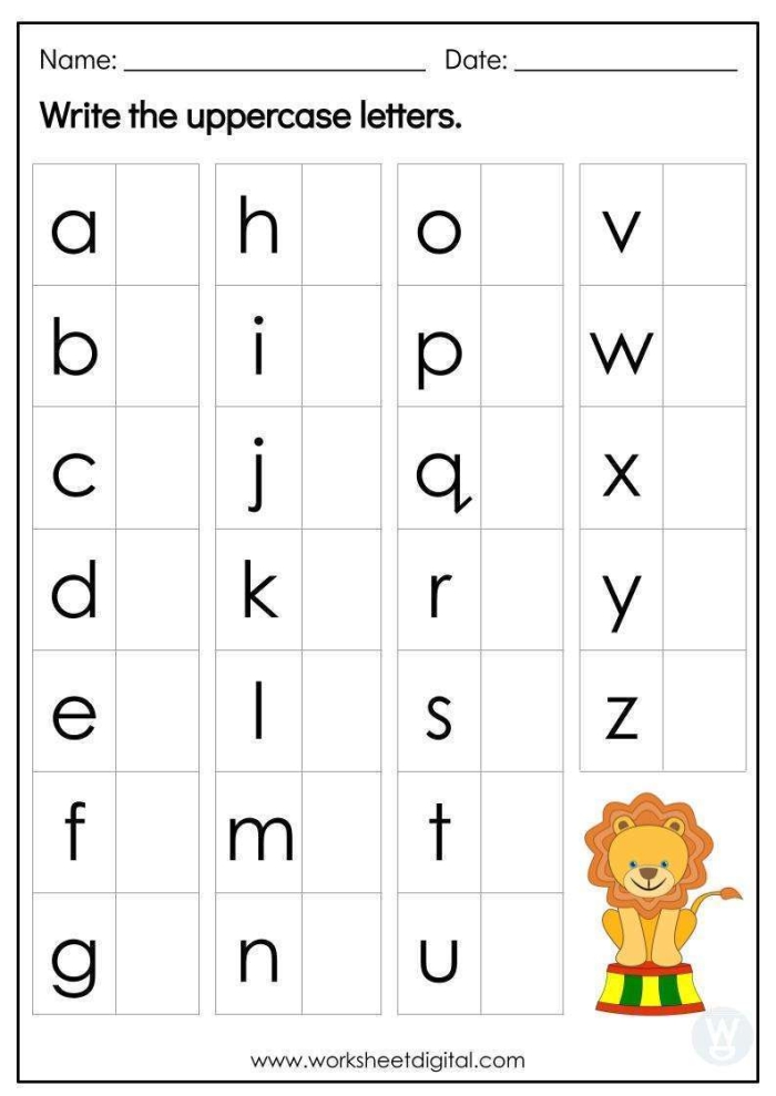 Students practicing uppercase letter formation on a Pre-K writing worksheet with alphabet tracing lines