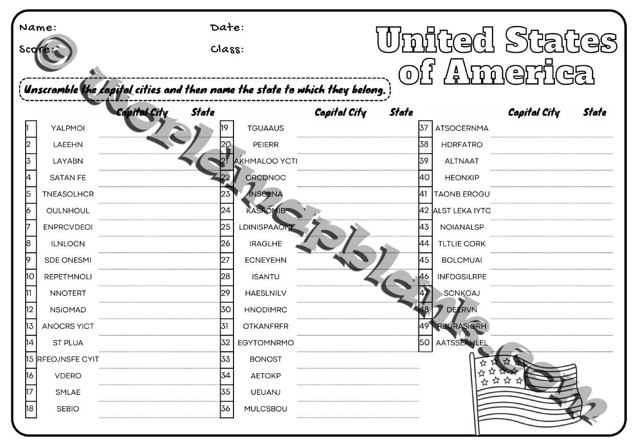 U.S. Map With Capitals worksheet for educational fun and learning Fill-in-the-blanks U.S. map highlighting state capitals for fifth graders