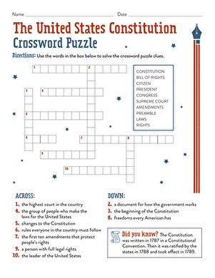 Crossword puzzle worksheet for third graders about the United States Constitution
