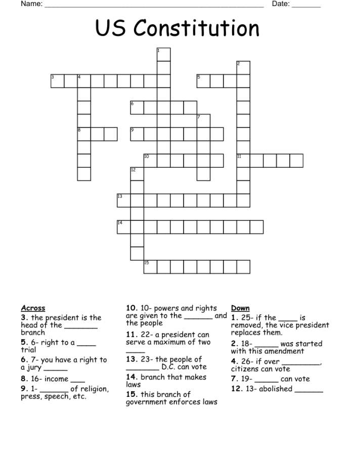 Third grade students completing a United States Constitution crossword puzzle worksheet number 15