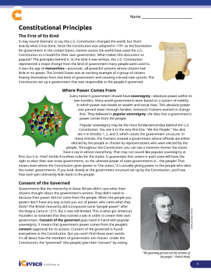 A sixth grade student worksheet detailing six guiding principles of the U.S. Constitution