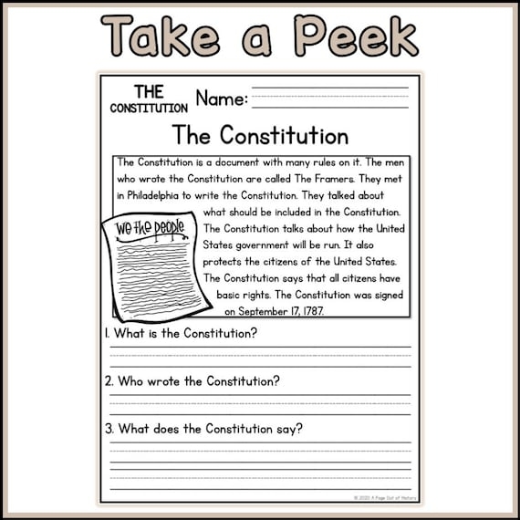 Sixth grade students analyzing the guiding principles of the U.S. Constitution on a printable worksheet