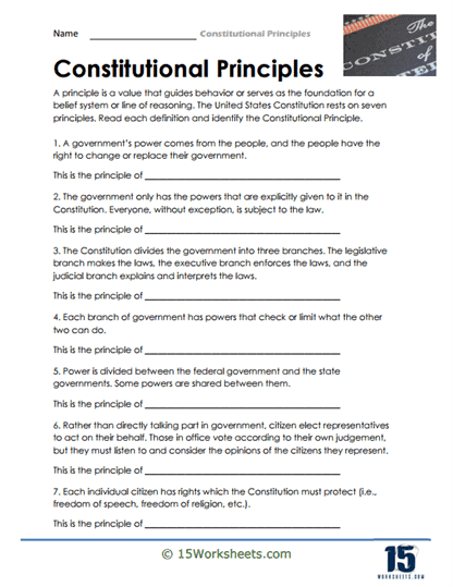 Students exploring the U.S. Constitution's guiding principles in an engaging worksheet