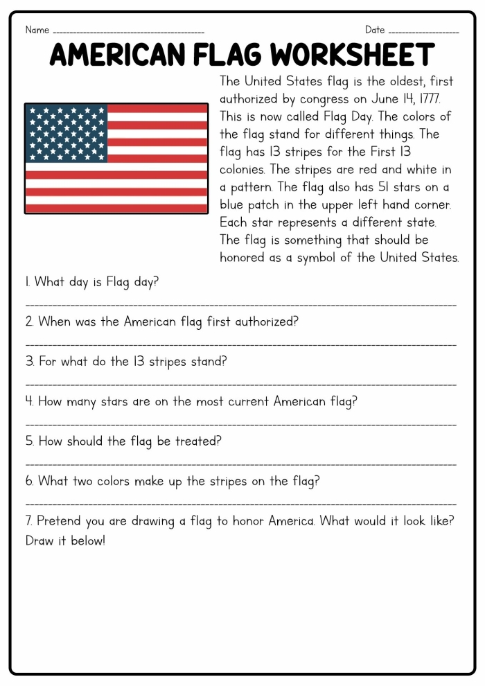U.S. flag worksheet for second graders featuring facts and illustrations