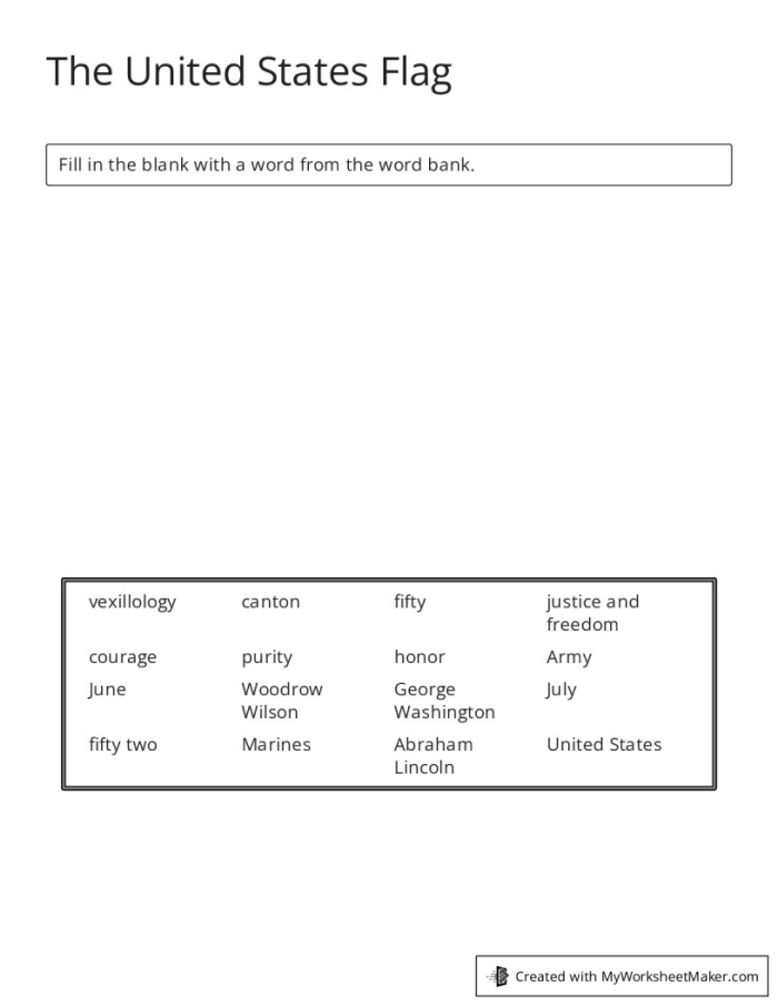U.S. flag worksheet for second graders featuring key facts and locations where the flag is displayed