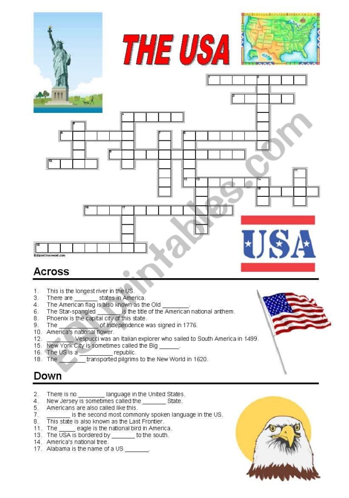Fourth grade students solving a USA states crossword puzzle by locating and identifying states on a map worksheet