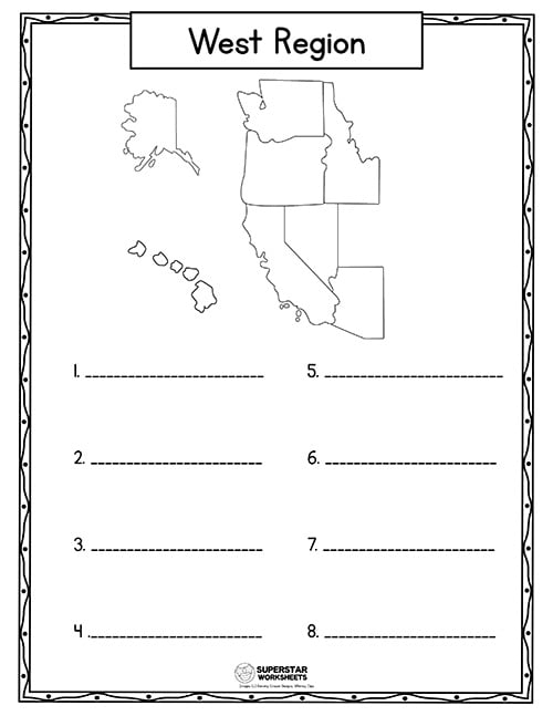 Blank map of the United States geography worksheet for fifth grade students