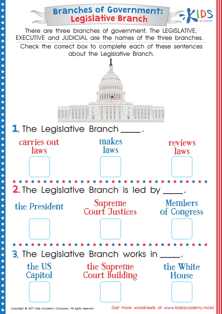 Fourth grade graphic organizer worksheet showing a fill-in-the-blanks diagram of the three branches of the U.S. Government with spaces for students to identify each branch and its components