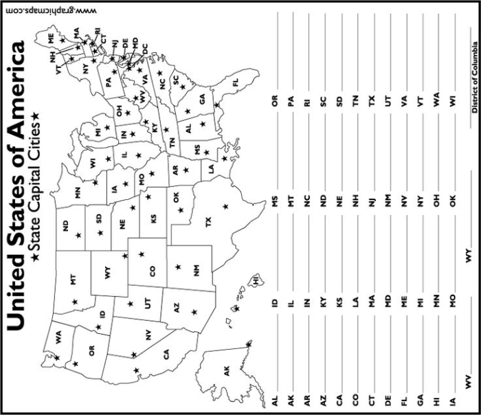 Engaging U.S. Map With Capitals activity for data and graphing skills U.S. map worksheet featuring capitals for fifth graders to fill in