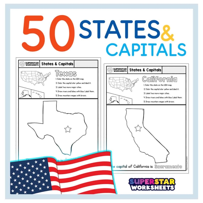 Engaging U.S. Map With Capitals worksheet for learning geography Fill-in-the-blanks U.S. map highlighting state capitals for fifth graders