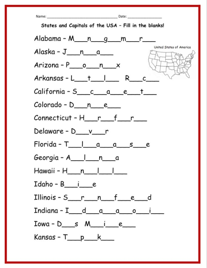 Interactive U.S. Map With Capitals worksheet for fifth-grade students U.S. map worksheet for fifth graders featuring state capitals to fill in