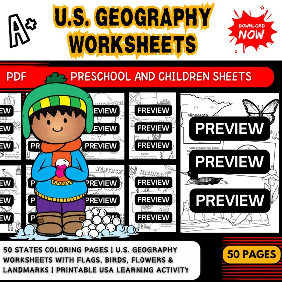 Third grade student using crayons to color a U.S. map on a social studies geography worksheet