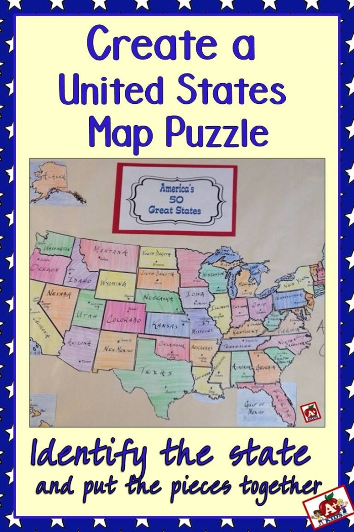 Colorful United States puzzle worksheet for first graders to enhance map skills