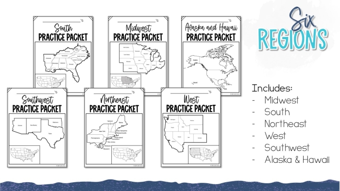 Map of the United States highlighting eight regions for fourth-grade subtraction worksheet
