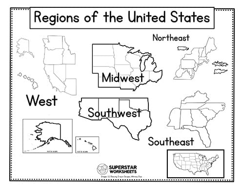 Image of a worksheet for fourth graders featuring a map of the eight regions of the United States and subtraction exercises
