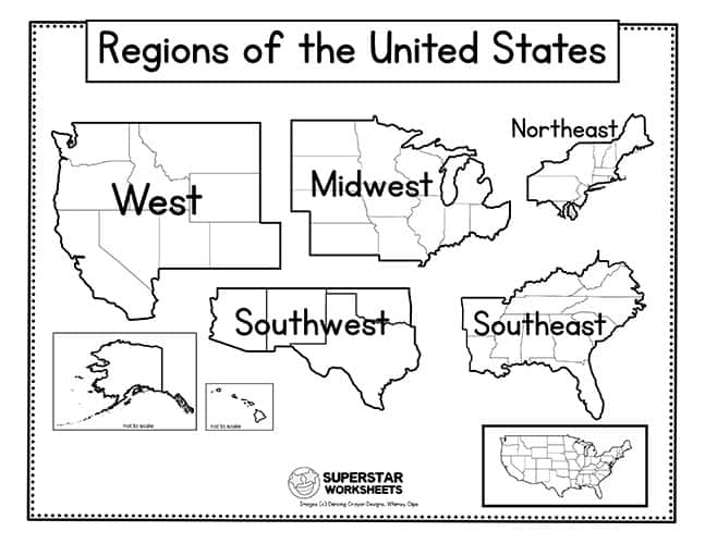 Map of the eight regions of the United States for fourth-grade students to explore and learn about