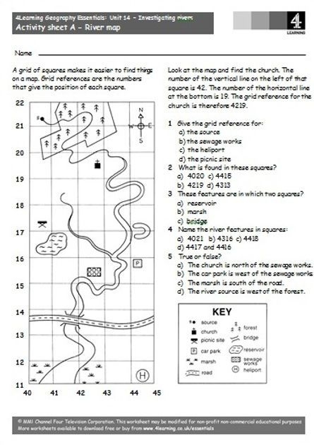 Second grade multiplication worksheet showing a map of major U.S. rivers with labeled clues for students to identify each river