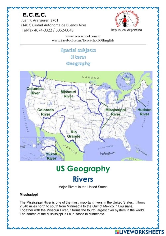 Second grade math worksheet featuring a map of U.S. rivers with multiplication problems for students to solve