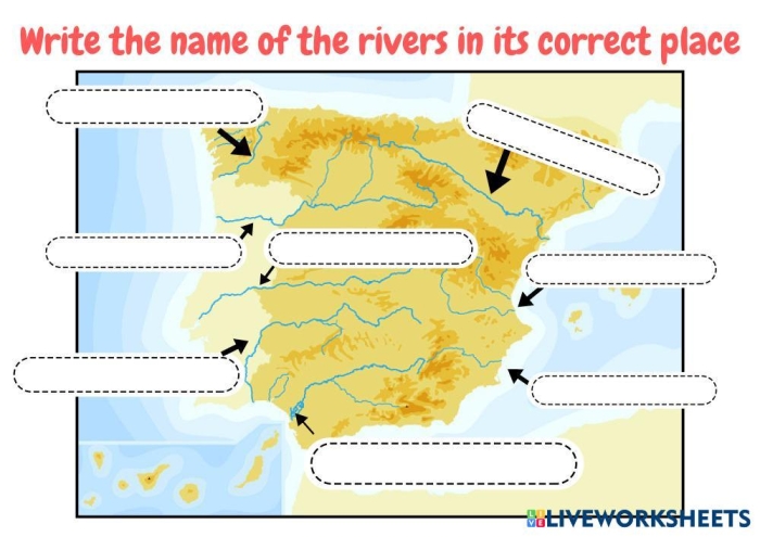 U.S. Rivers multiplication worksheet for second grade showing a map with unlabeled rivers and multiplication clues to solve