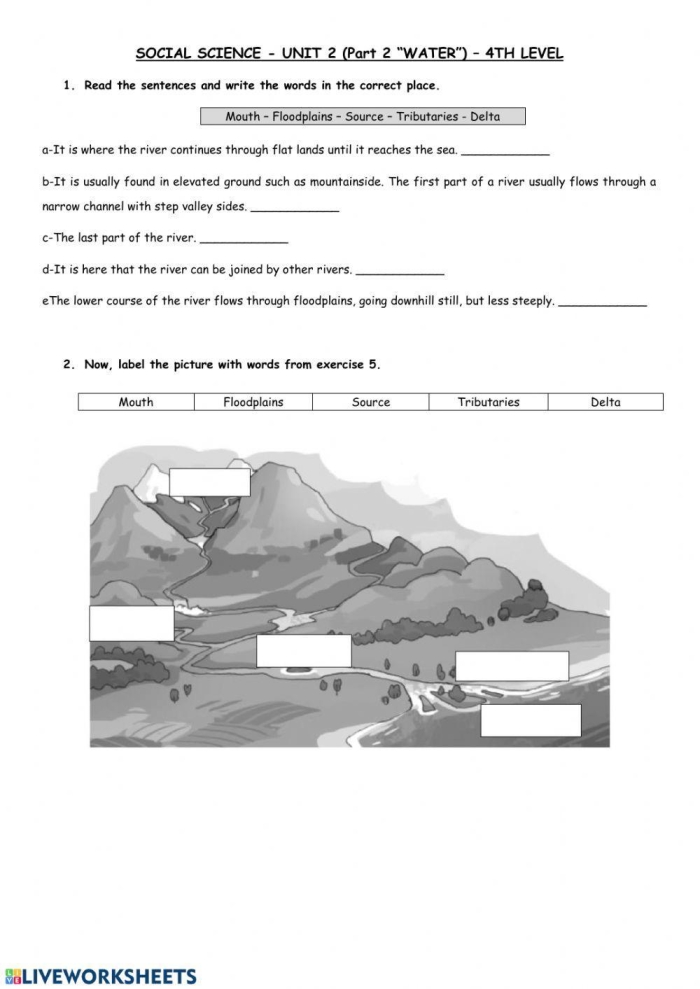 Second grade math worksheet featuring a map of U.S. rivers to label with multiplication practice