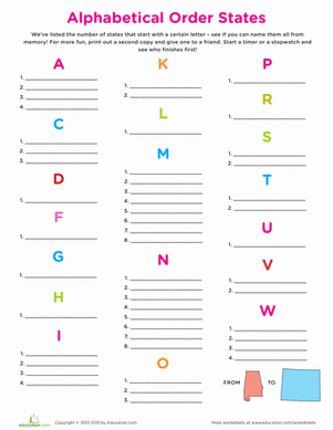 Worksheet for third graders to alphabetize all 50 U.S. states while enhancing geography skills