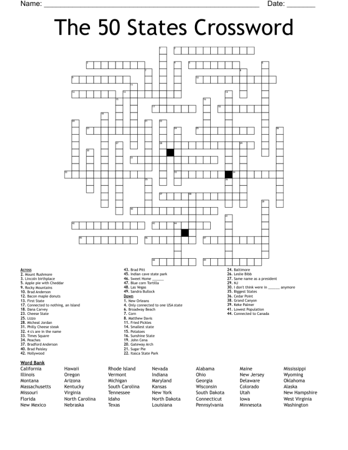 Fourth grade student solving a USA states map crossword puzzle worksheet