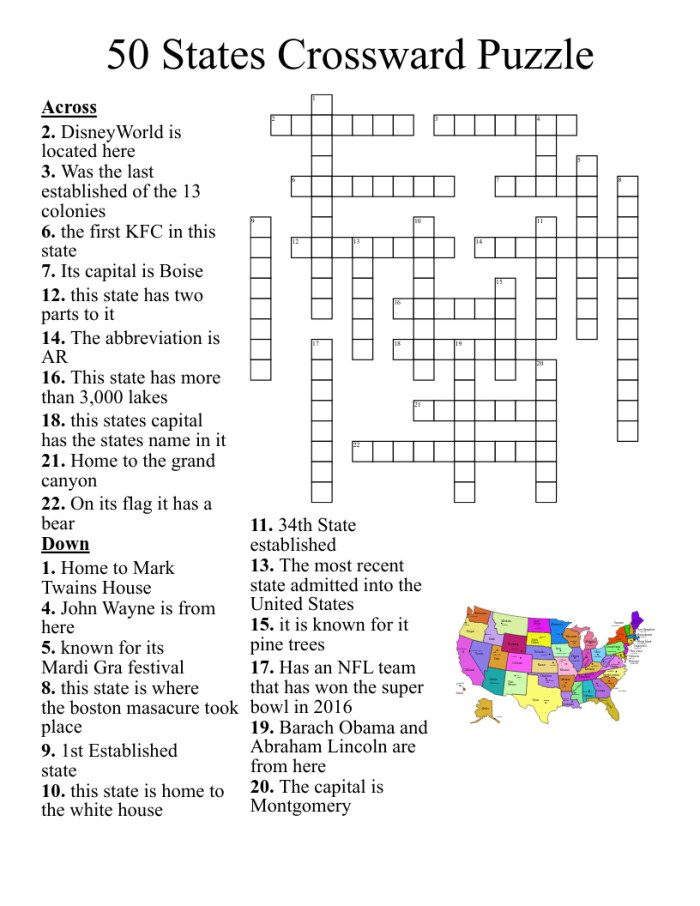 A colorful fourth grade worksheet featuring a map of the United States for a crossword puzzle activity