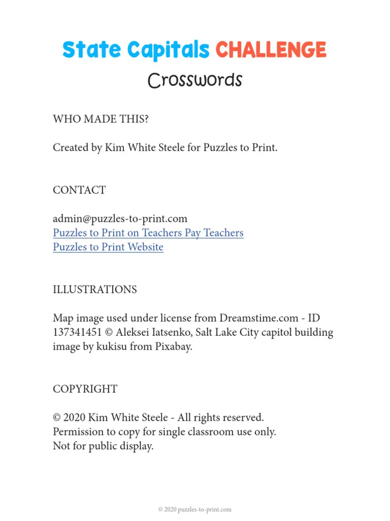 Fourth grade USA states crossword puzzle worksheet with map clues for identifying state locations