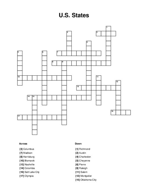 Fourth grade USA states crossword puzzle worksheet with map-based clues for identifying state locations