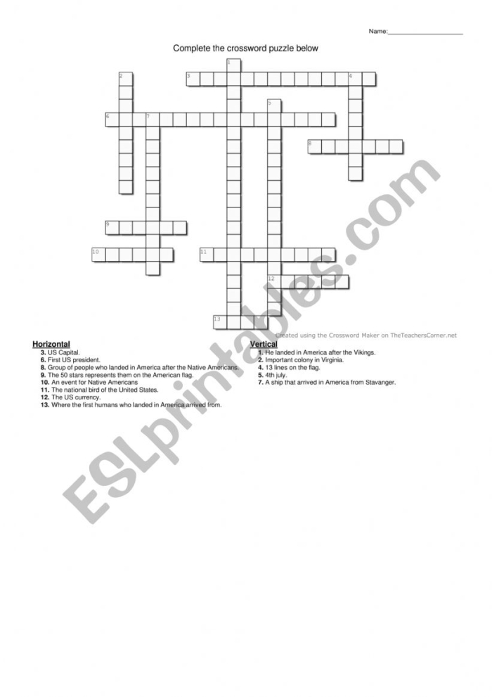 Fourth grade student solving a USA States map crossword puzzle worksheet