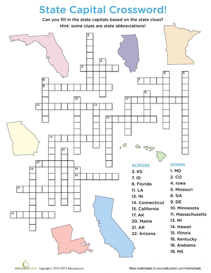 Fourth grade student completing a U.S. states map identification crossword puzzle