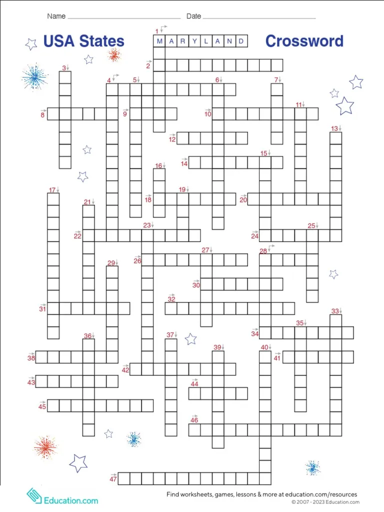 Fourth grade students solving a USA states crossword puzzle by identifying state locations on a map