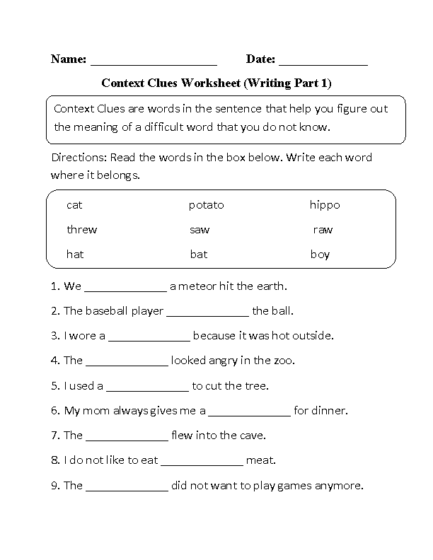 Fifth grade worksheet exercise showing context clues practice with unknown vocabulary words embedded in sample sentences for students to interpret meaning