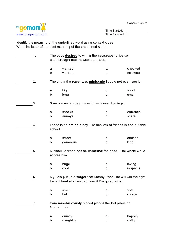 Fifth grade student completing a Using Context Clues worksheet about integers and rational numbers