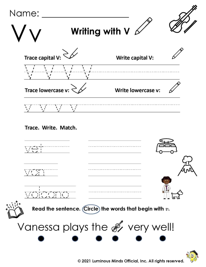 Pre-K worksheet activity identifying and coloring words starting with V and W sounds